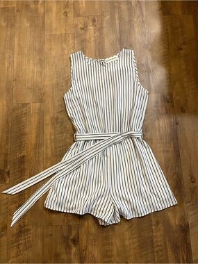 Pants Store White Romper with Navy Stripes